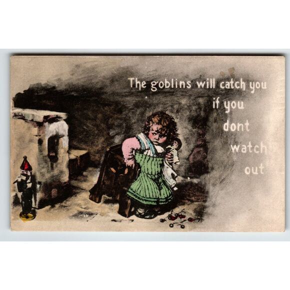 Halloween Postcard The Goblins Will Catch You Girl Doll Nutcracker Bench 1909